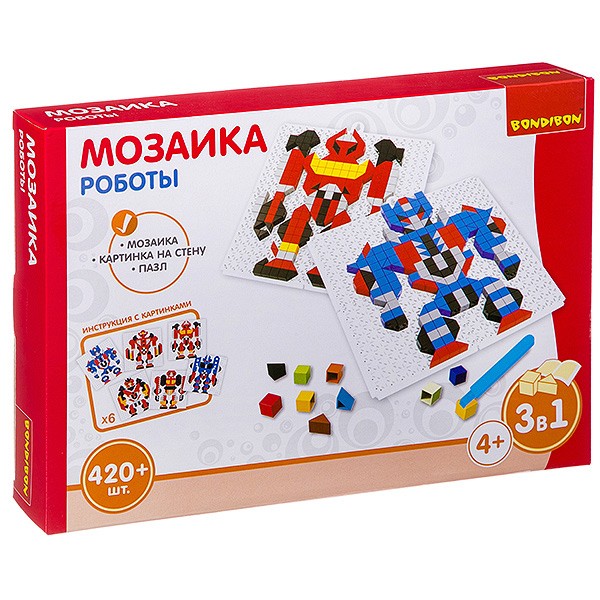 Логические, развивающие игры и игрушки Bondibon Мозаика «РОБОТЫ», 420 дет., BOX 30x4.5x21 см