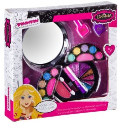 Набор детской декор. косметики Bondibon Eva Moda, BOX 30х29,5х6 см; лак для ногтей 2 оттенка (15,6г),1 разделитель для пальцев, косметичка-кругл.шкатулка, 2х-уровневая, раздвижная, с зеркальцем: тени для век 10 оттенков (5г), тени 3 оттенка (3г), блеск дл